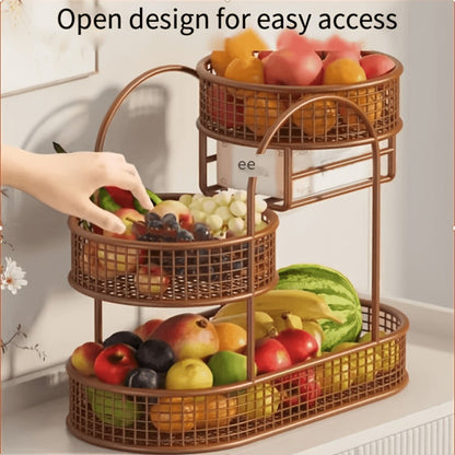 Three-Tier Metal Fruit Basket Stand in White or Black with 15.75-Inch Rectangular Base Tray
