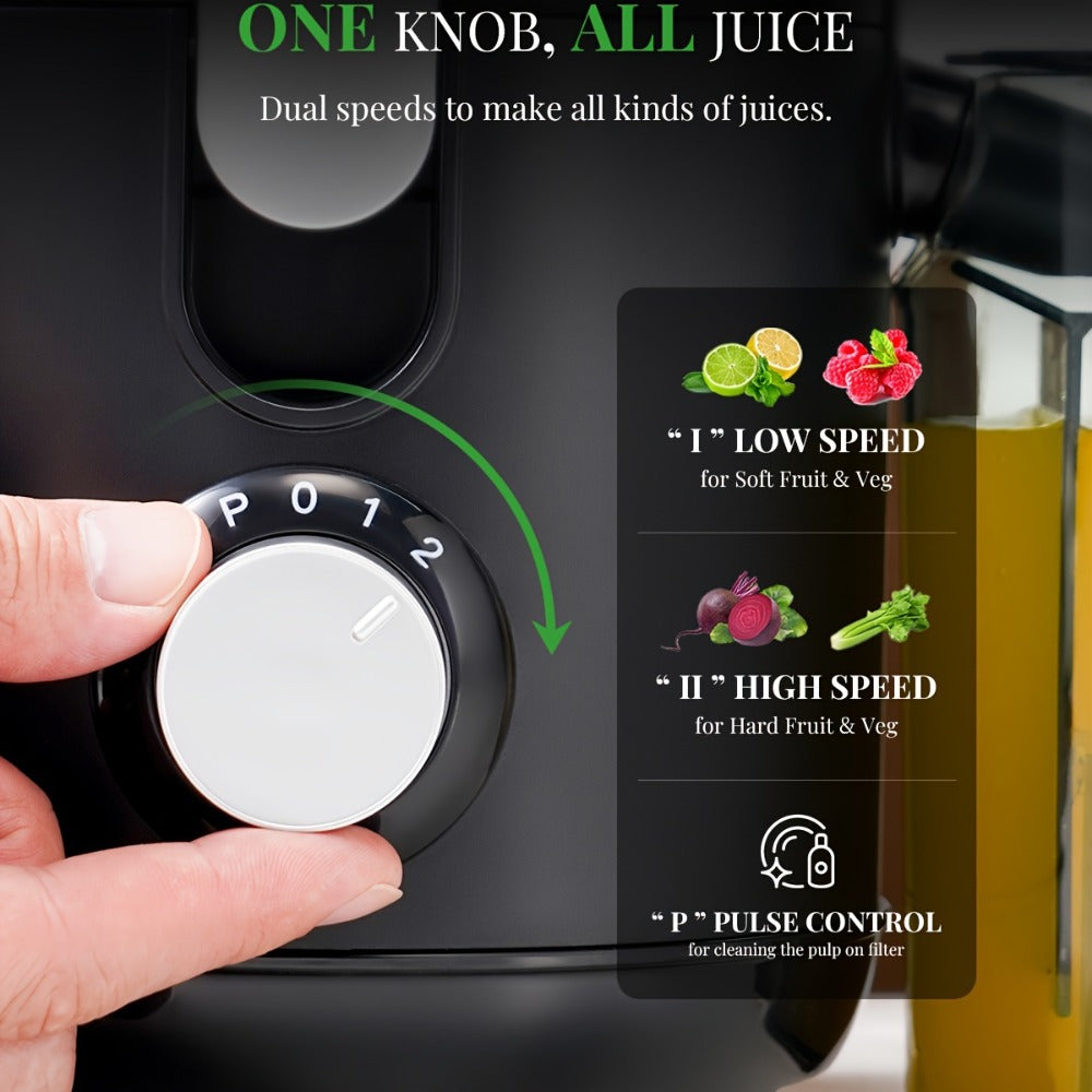 Compact Centrifugal Juicer with 2.5-Inch Feed Chute, Low, High and Pulse Dial in Black or Silvery