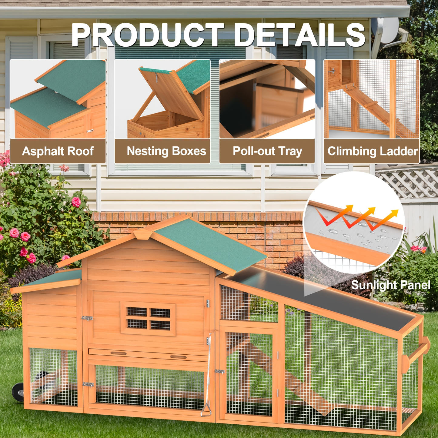 Chicken Coop on Wheels with Nesting Box & Removable Tray | Portable Wooden Hen House for 3-4 Hens with Expandable Run, Wood or Sunshine Board Roof