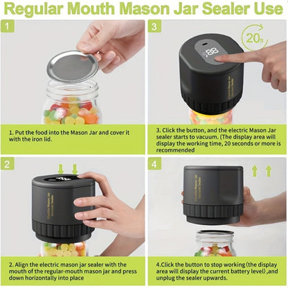 Electric Mason Jar Vacuum Sealer Kit with Regular- and Wide-Mouth Adapters, Lid Accessories and Charging Cable