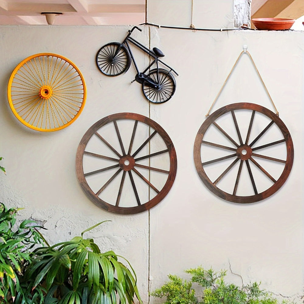 Rustic Carriage Wheel Wall Decor, Two-Piece Artificial Wood Set with Brown Grain-Look Finish and Hanging Loops