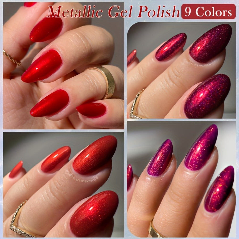 Gel Nail Polish Set with LILYCUTE Label, 9 Metallic Glitter Red and Purple Colors, 0.24oz Each