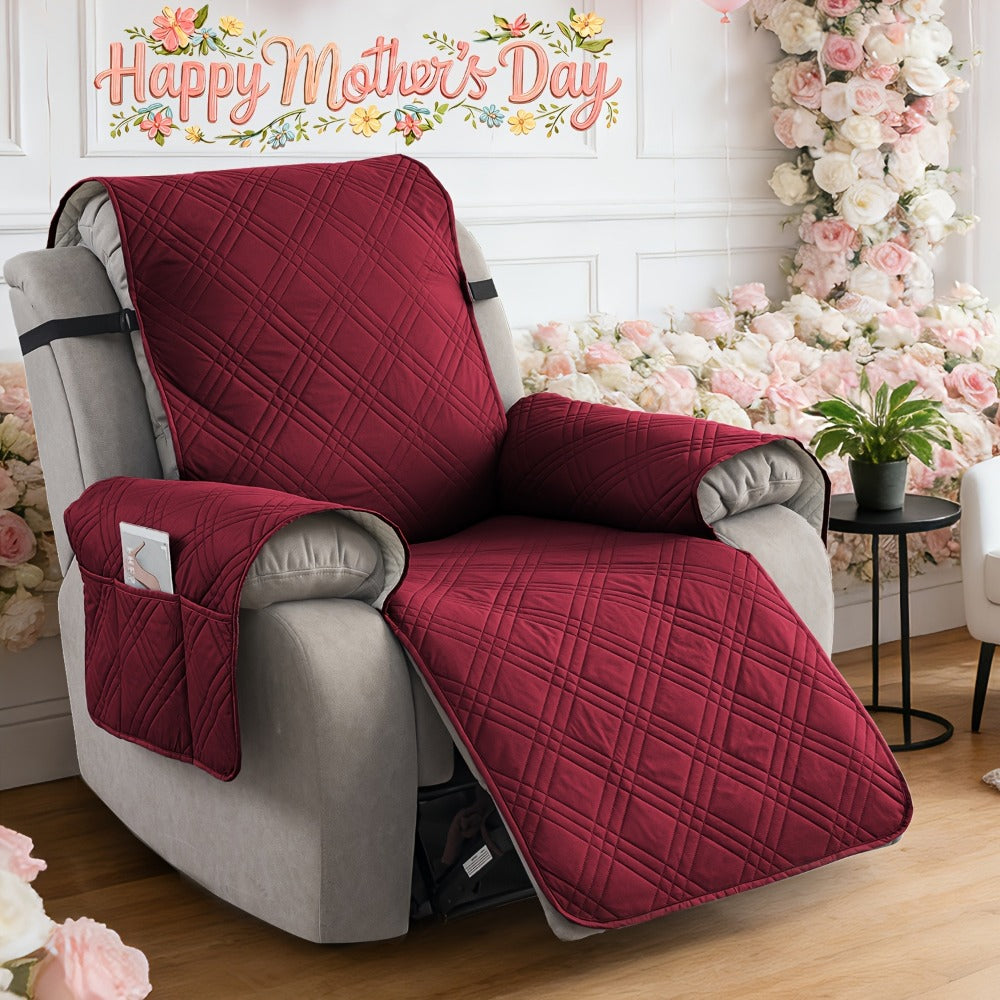 Chair Cover Quilted Recliner Throw with Side Pocket, Elastic Straps and Buckle in Ten Colors