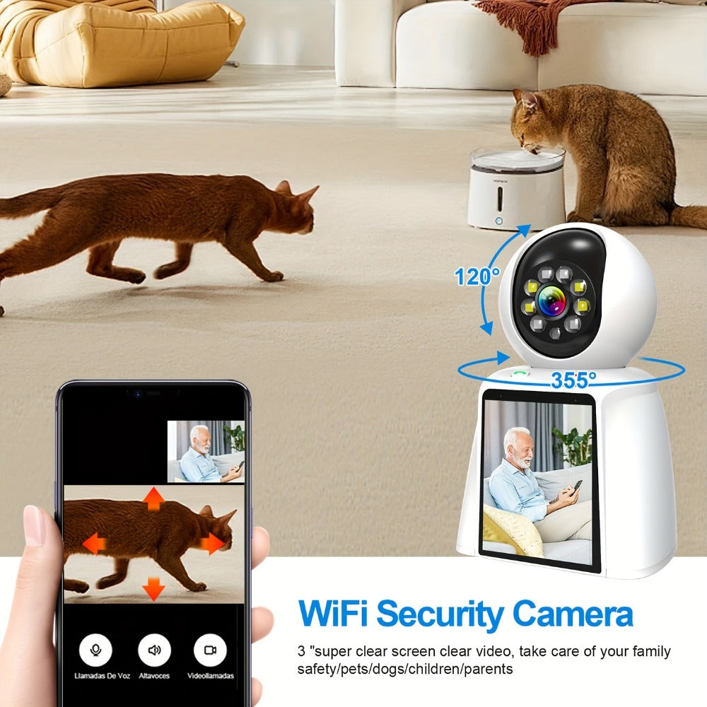 Security Camera 1080P Pet Monitor with 3-Inch Screen, Video Calling, Two-Way Talk and 1 or 2 Pack