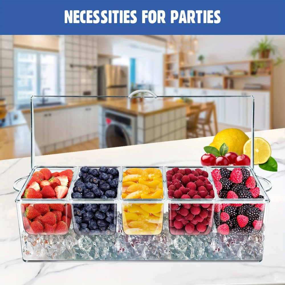 Bar Serving Tray on Ice with 5 Compartments & Lid – Garnish Condiment Platter with 5 Forks & 3 Pliers, Clear Fruit Tray for Bar, Party & Entertaining