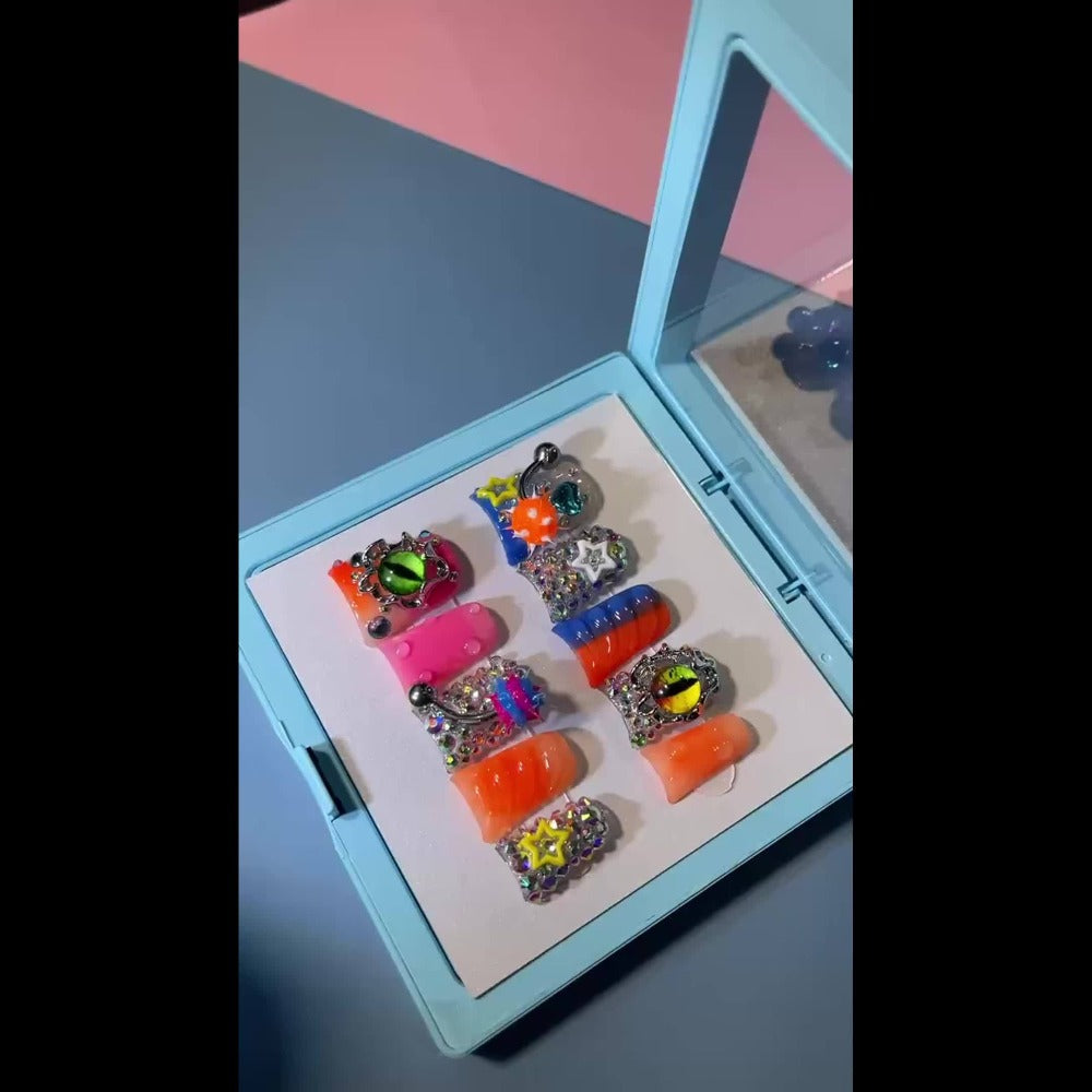 Press On Nails Handmade Y2K Duckbill Set with 3D Eye Barbell Star Rhinestone Charms and S M L Sizes