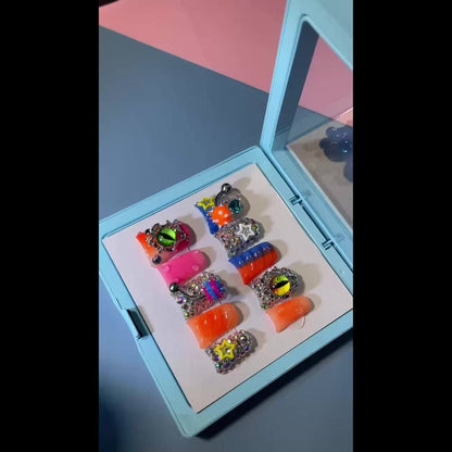 Press On Nails Handmade Y2K Duckbill Set with 3D Eye Barbell Star Rhinestone Charms and S M L Sizes