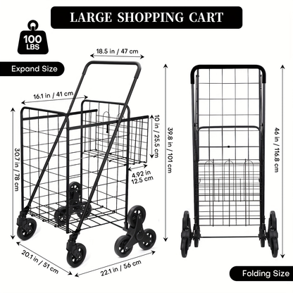 Eight-Wheel Stair-Climbing Utility Cart with Dual Baskets in Exact Black and Silvery Options