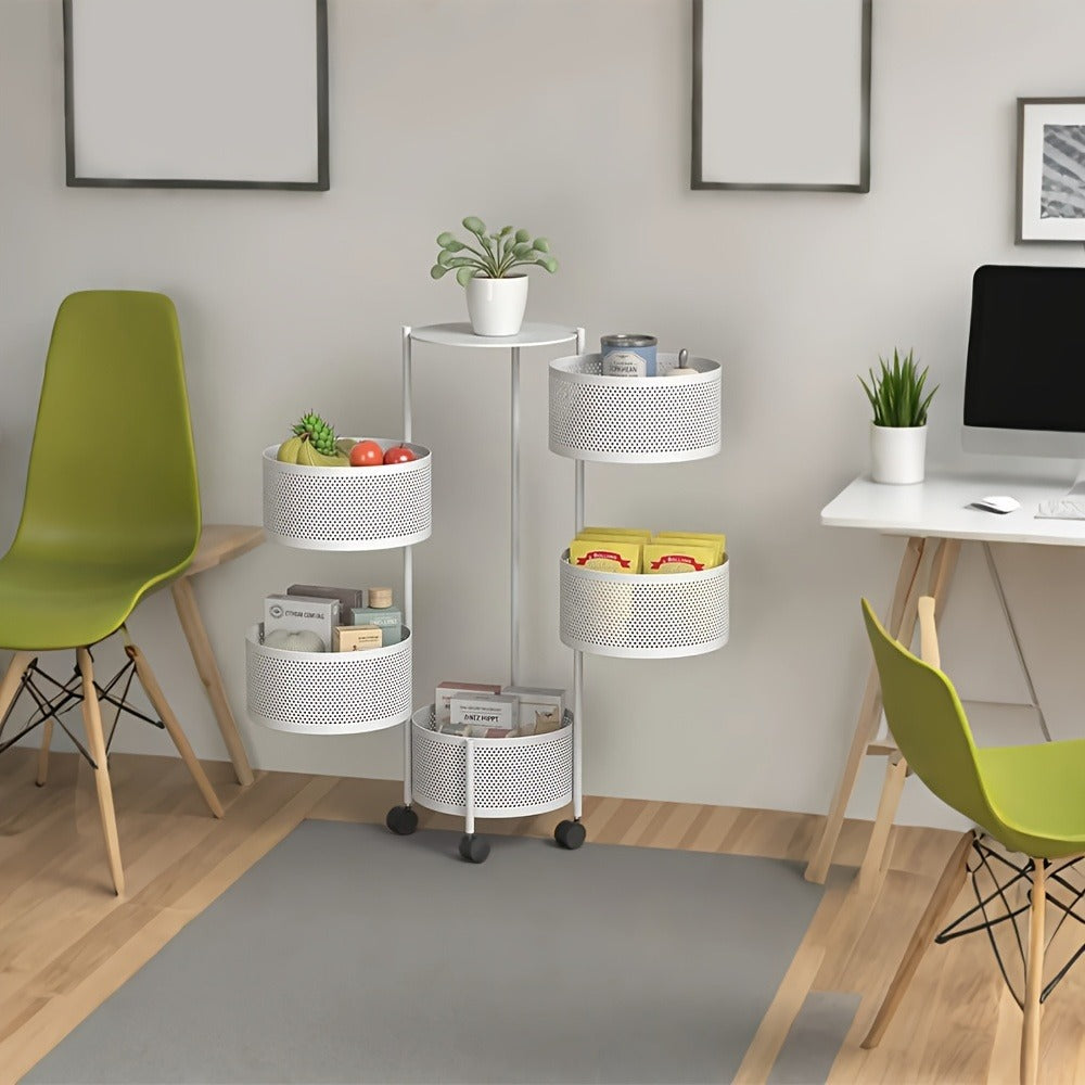 Round-Basket Rolling Storage Rack with Four or Five Mesh Levels, Caster Base and Black or White Finish
