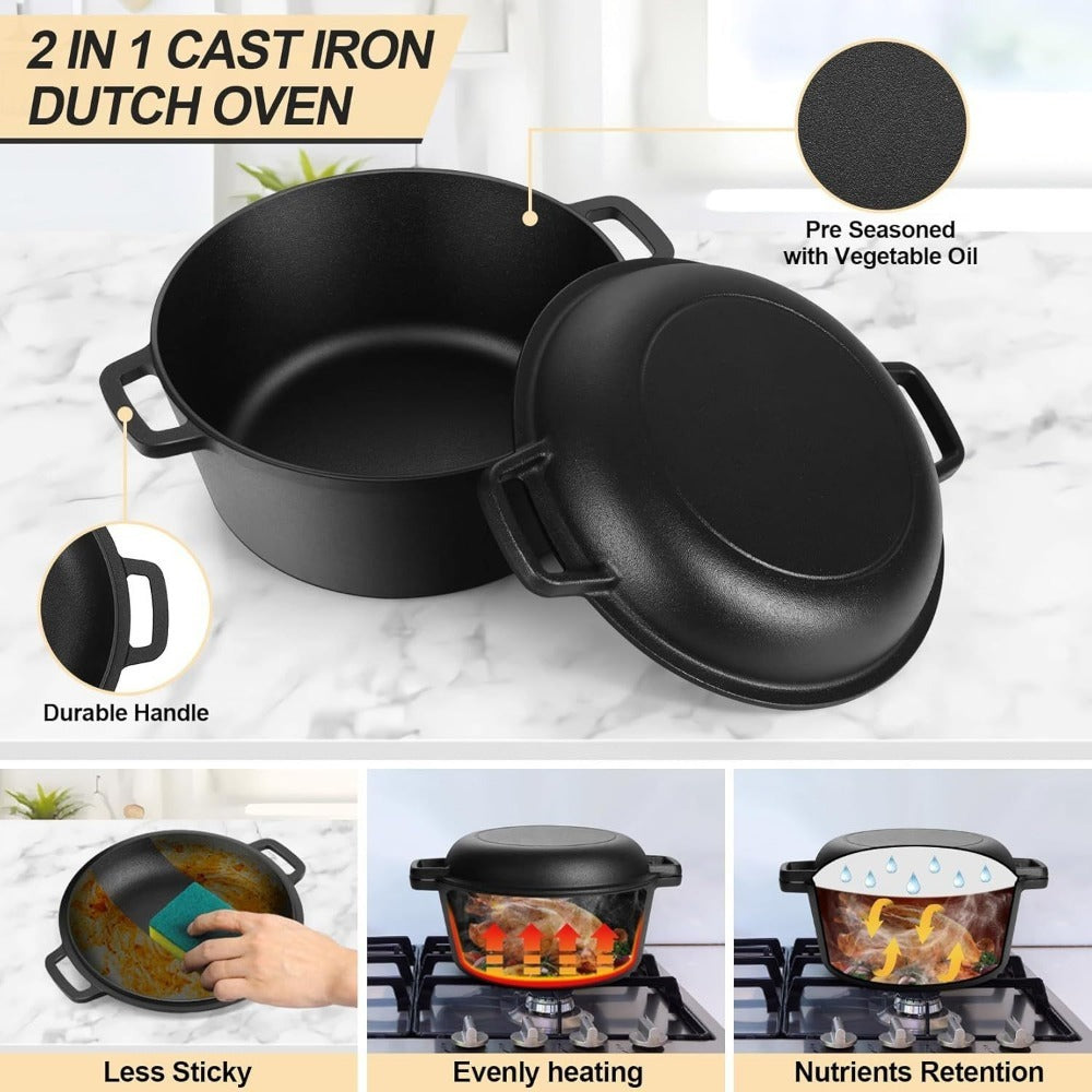 5QT Pre-Seasoned-Labeled Cast Iron Dutch Oven with Reversible 2QT Skillet Lid and Dual Loop Handles