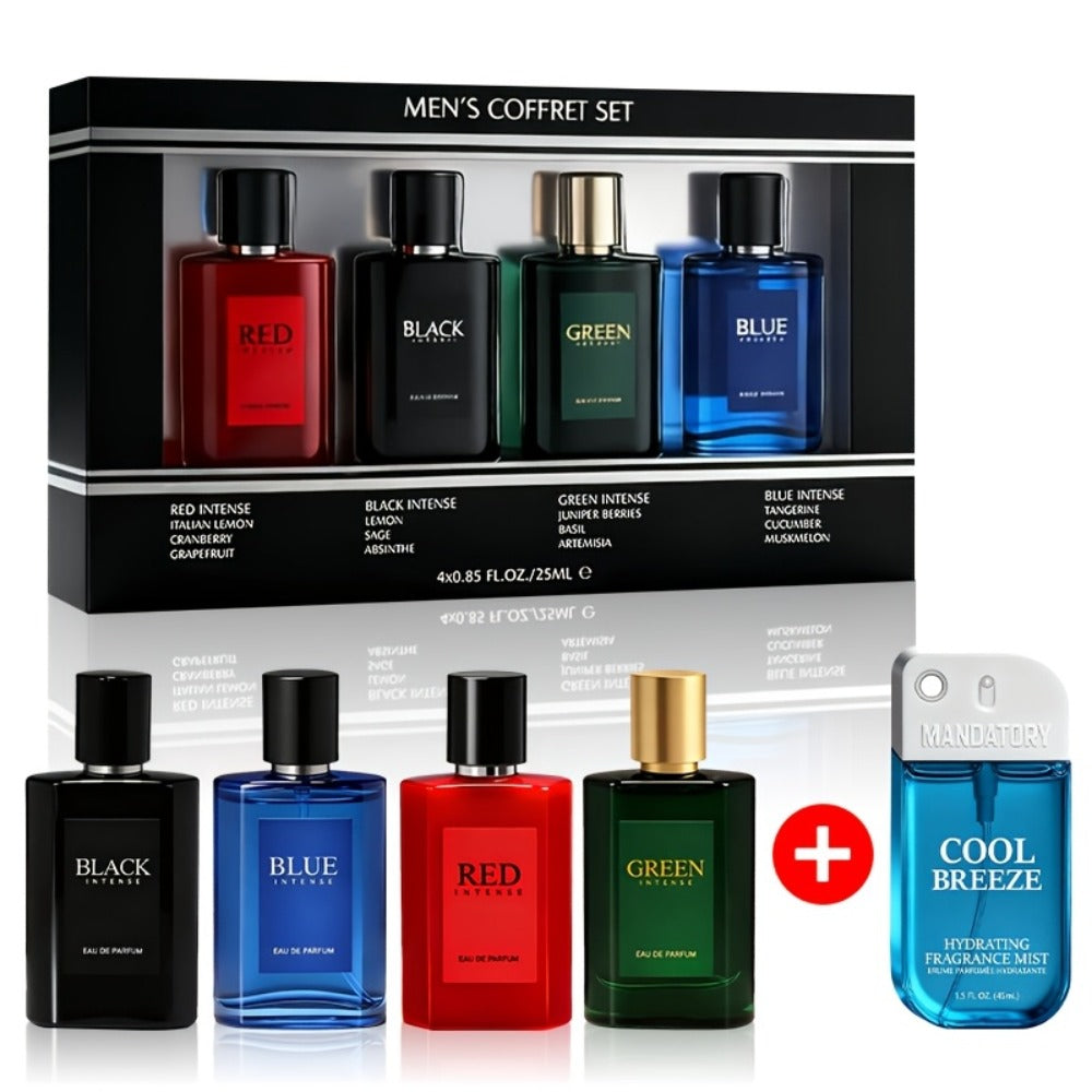 Perfume Gift Set for Men with Four 30ml Eau de Parfum Bottles, 1.5oz Body Mist and Black Box
