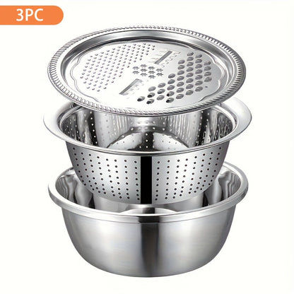 Stainless Steel Kitchen Bowl Set, Three-Piece Grater, Colander and Mixing Bowl Prep System
