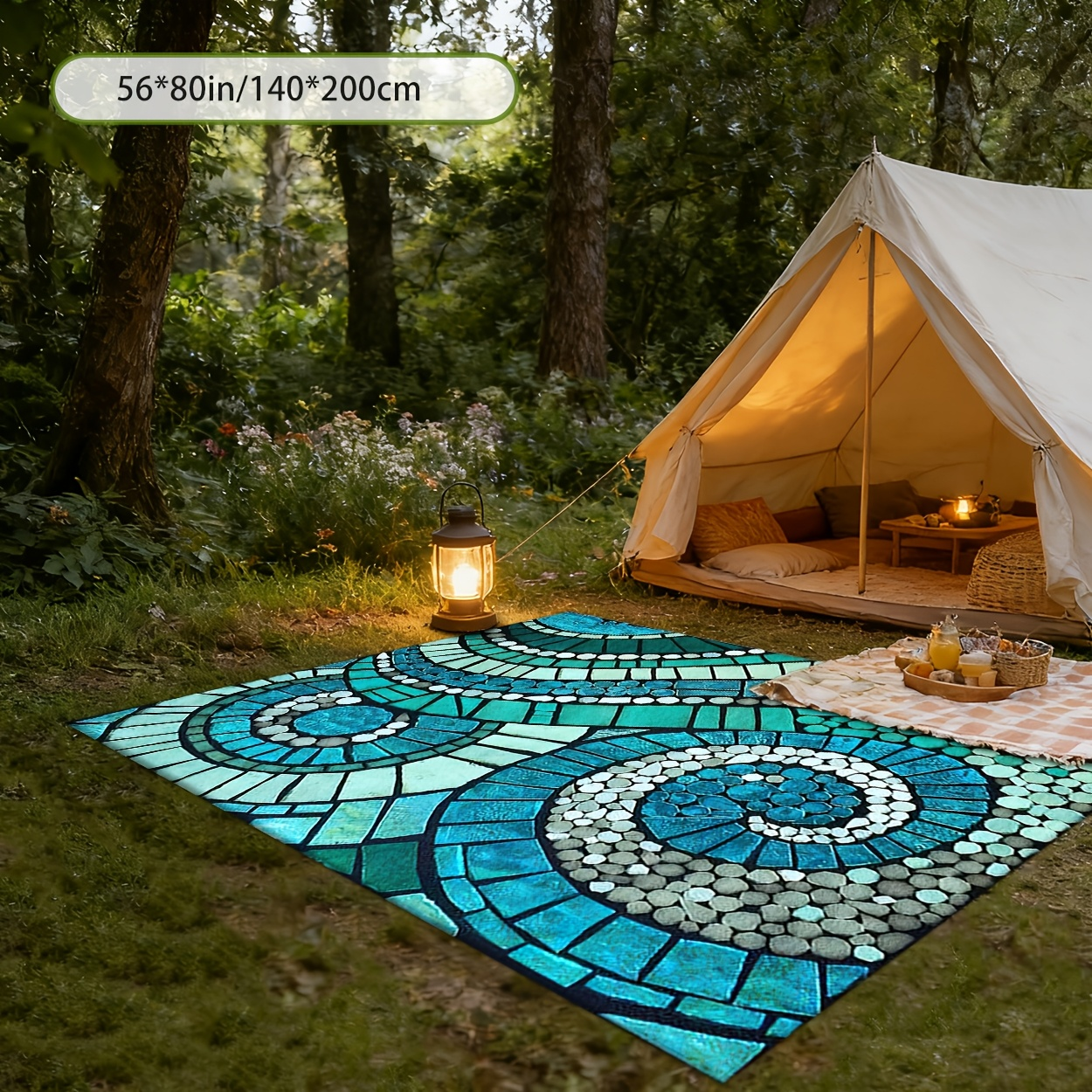 Blue Spiral Mosaic-Pattern Outdoor Rug in Five Displayed Sizes from 32 x 48 to 80 x 120 Inches