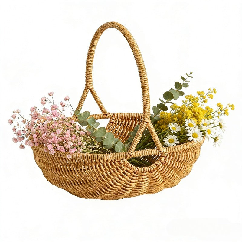 Wicker Storage Basket with Handle - Handwoven Rattan Organizer Bin, Multipurpose Farmhouse Basket for Kitchen Pantry Bathroom Shelf Home Decor