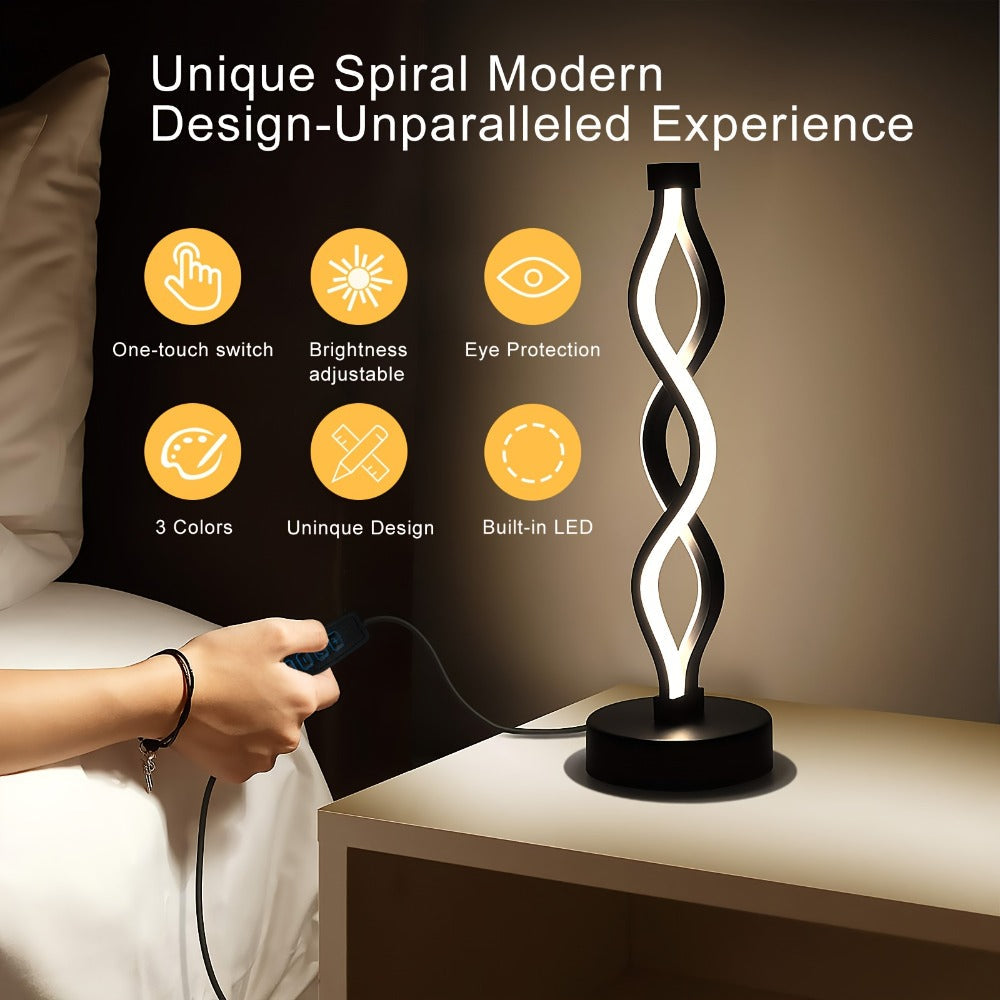 Table Lamp with Spiral LED Wave, Three Color Temperatures, USB Power and One, Two or Wood-Base Options
