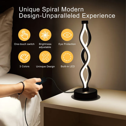 Table Lamp with Spiral LED Wave, Three Color Temperatures, USB Power and One, Two or Wood-Base Options