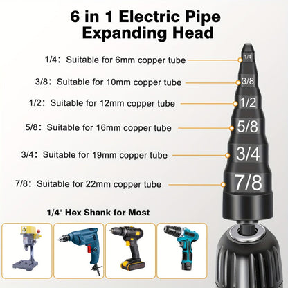 Copper Pipe Tube Expander Swaging Drill Bit Set 6-in-1 HVAC Tool 1/4 3/8 1/2 5/8 3/4 7/8 Inch Quick Release Bit Holder Air Conditioner Repair Kit