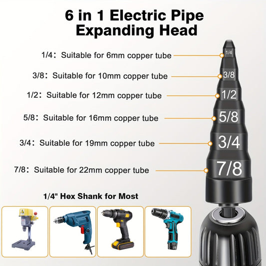 Copper Pipe Tube Expander Swaging Drill Bit Set 6-in-1 HVAC Tool 1/4 3/8 1/2 5/8 3/4 7/8 Inch Quick Release Bit Holder Air Conditioner Repair Kit
