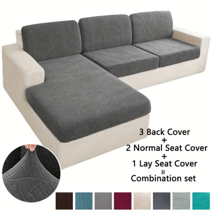 Sofa Cover Set, Six-Piece Leaf Jacquard Stretch Slipcover with Elastic-Band Edges in Eight Colors