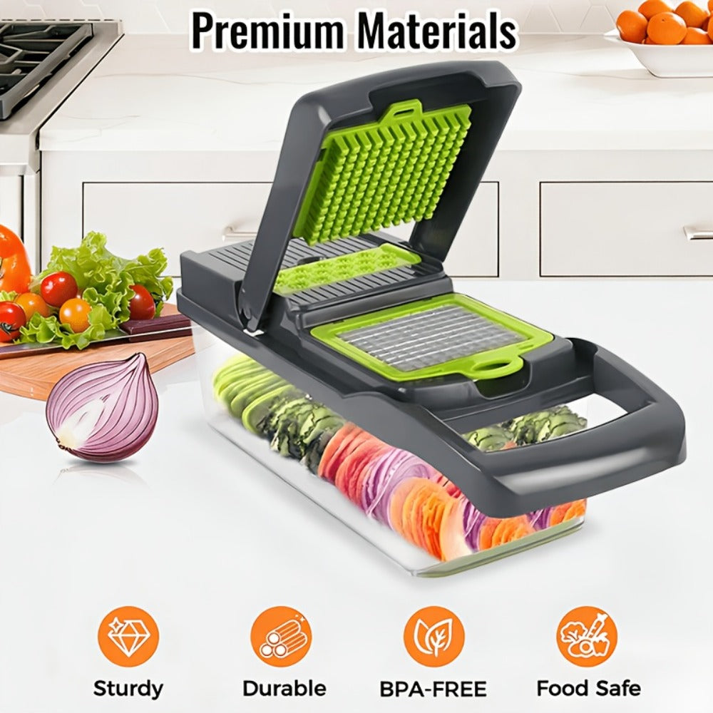 18-in-1 Vegetable Chopper and Mandoline Slicer with Clear Container, Eight Metal Blade Inserts and Hand Guard