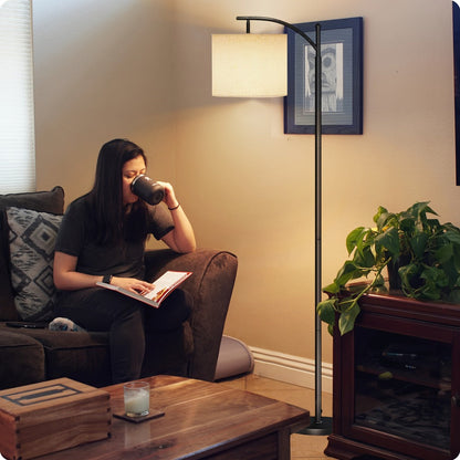 Black Arched Floor Lamp with Beige Drum Shade, Downward-Facing Light and Included 9W Three-Mode LED Bulb