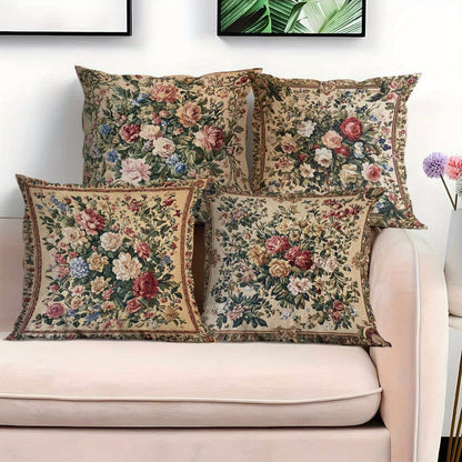 Vintage Floral Pillow Cover Set of Four with Zipper Openings, Single-Sided Print and Exact 18-Inch Size