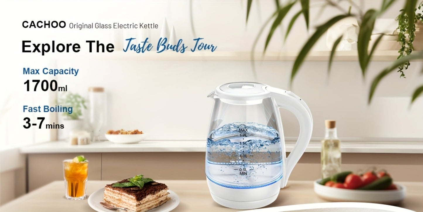 Glass Electric Kettle 1200W Fast Boiling – 57.48oz Tea Kettle with LED Indicator, Auto Shut-Off & Boil-Dry Protection, Elegant Transparent Design for Kitchen, Office & Camping