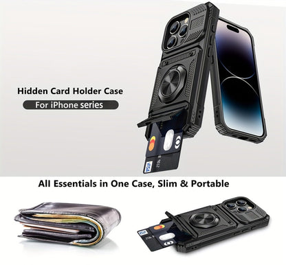 Phone Case Dual-Card Hard Shell Cover with 360° Metal Ring Kickstand for Select iPhone 7–17 Models