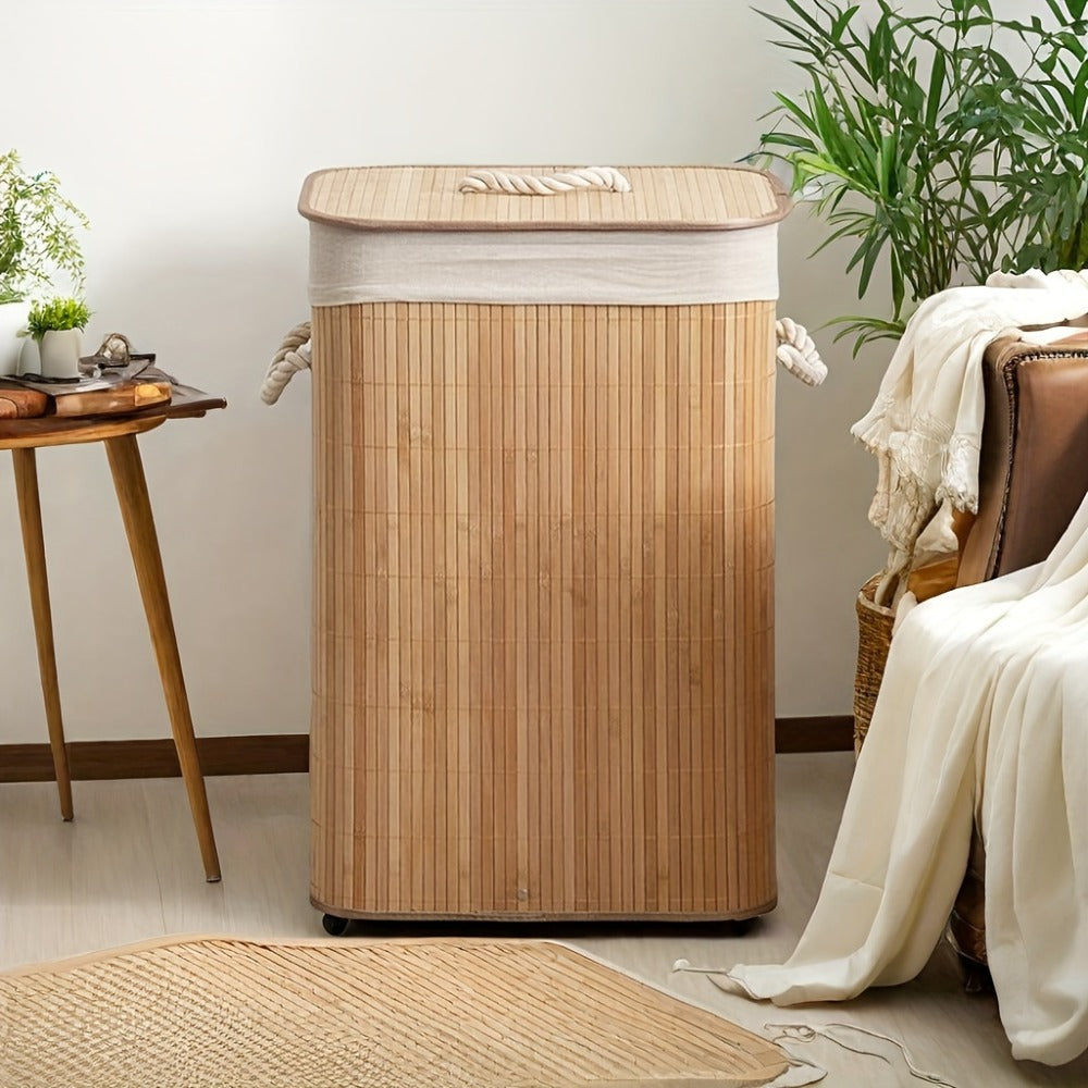 Upgrade or Ordinary Rectangular Collapsible Laundry Hamper with Slatted Body, Lid and Side Handles