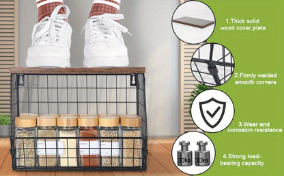 Wall-Mounted Fruit Basket with Wooden Cover - 2-Tier Metal Kitchen Storage Basket with Hooks, Stackable Hanging Organizer for Potatoes Onions Vegetables