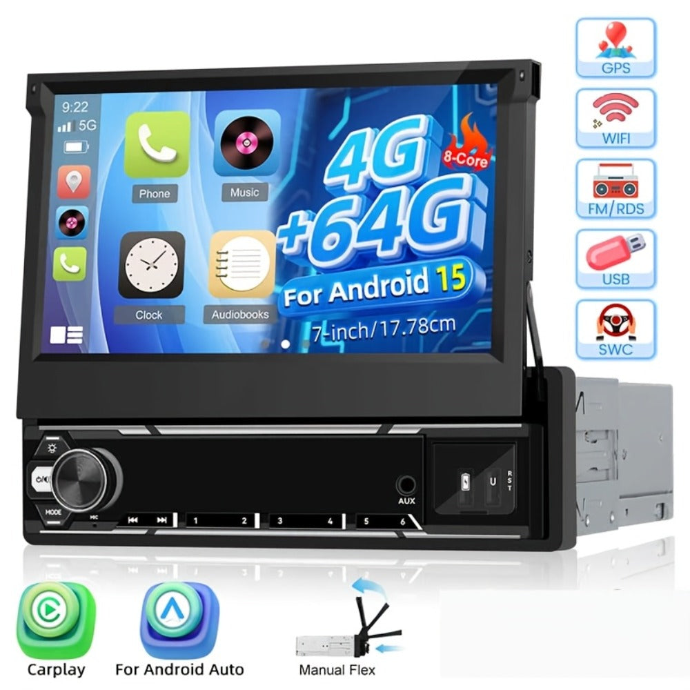 Single Din Car Stereo 7 Inch Flip Out Touchscreen - Wireless CarPlay & Android Auto, 1080P HD, FM Radio, SWC, Voice Control, USB/Type-C/AUX, Backup Camera Compatible