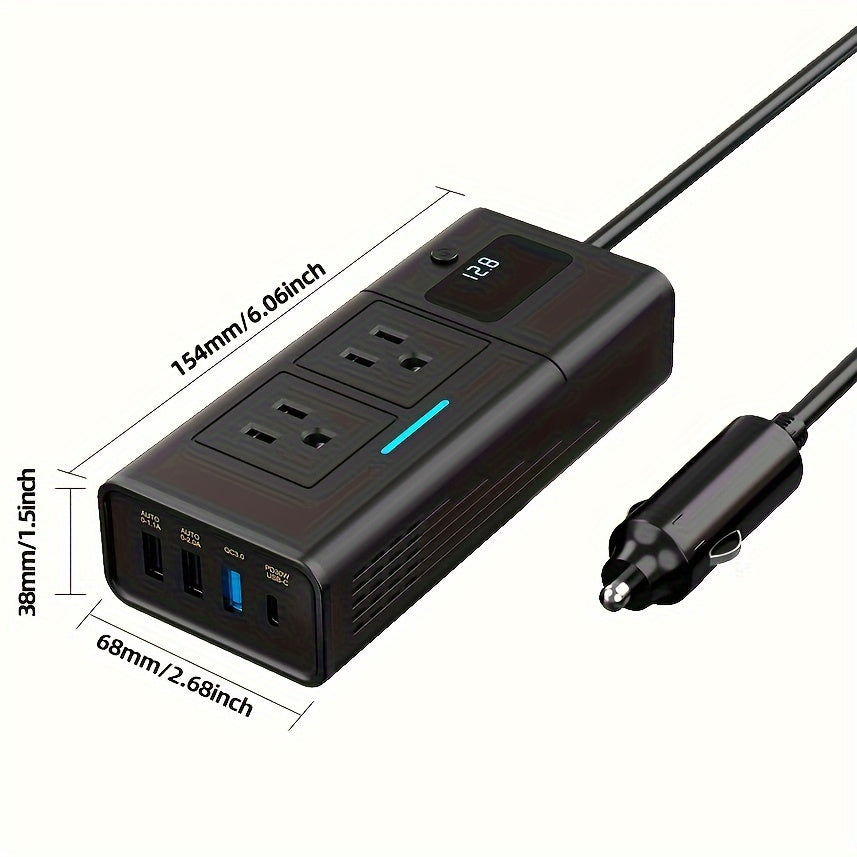 Black 200W Elongated Car Power Inverter Hub with Multiple 110V AC Outlets, USB Ports and Display