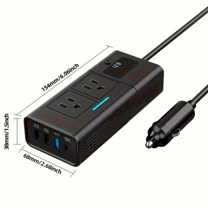 Black 200W Elongated Car Power Inverter Hub with Multiple 110V AC Outlets, USB Ports and Display