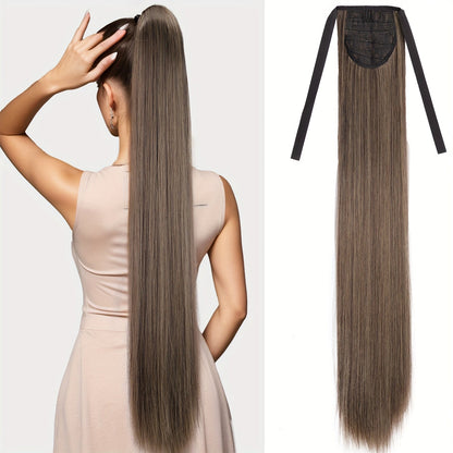 34 Inch Straight Ponytail Extension Ribbon Wrap – Long Sleek High Temperature Fiber Hairpiece for Women | Instant Wrap On Ponytail | Daily Wear Party Wedding | Brown Linen Champagne Olive Mixed