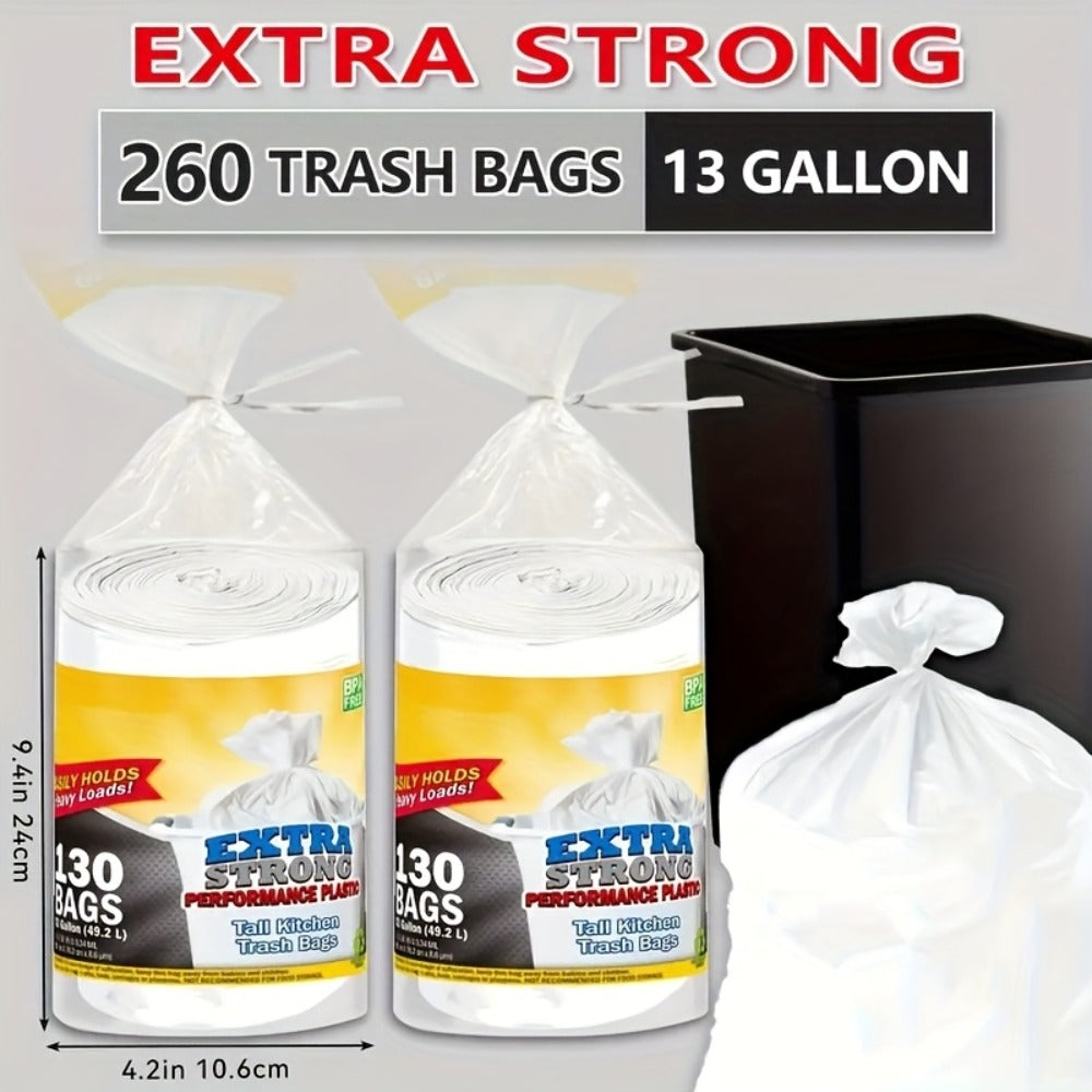 13-Gallon White Trash Bags with Tie Handles, 260-Count Household Pack in Two Large Rolls for Bins