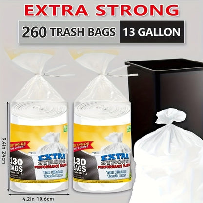 13-Gallon White Trash Bags with Tie Handles, 260-Count Household Pack in Two Large Rolls for Bins