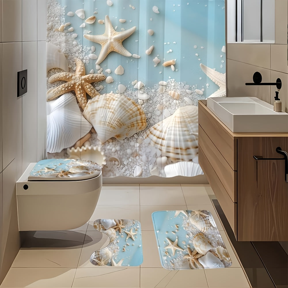 Sea Star and Shell Shower Curtain with One-Piece or Four-Piece Bathroom Set Checkout Options