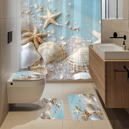 Sea Star and Shell Shower Curtain with One-Piece or Four-Piece Bathroom Set Checkout Options