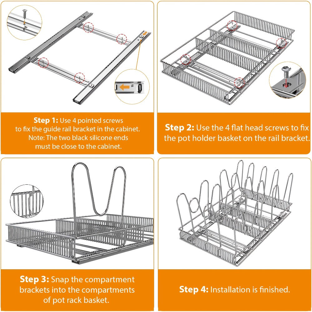 Cabinet Pot & Pan Organizer Rack with 10 Adjustable Dividers, 11"W x 17.5"D x 8.3"H, Chrome Steel Kitchen Storage