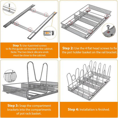 Cabinet Pot & Pan Organizer Rack with 10 Adjustable Dividers, 11"W x 17.5"D x 8.3"H, Chrome Steel Kitchen Storage