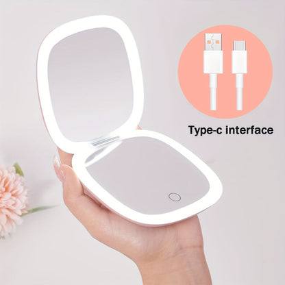 Makeup Mirror Foldable Dual-Sided Compact with Three Light Colors, Touch Brightness, USB-C Charging and Pink or White Finish