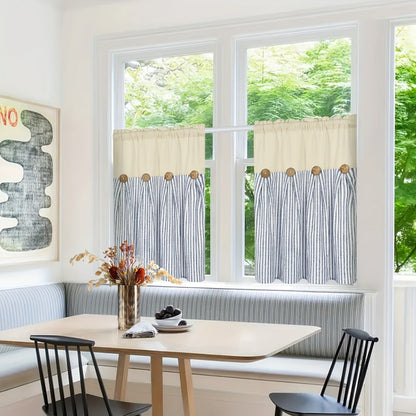 Semi Sheer Curtains Bohemian Linen Cotton Patchwork Grommet Top Window Drapes for Bedroom Living Room Kitchen Bathroom Cafe - Boho Country Cottage Style 4 Seasons 1 or 2 Panels