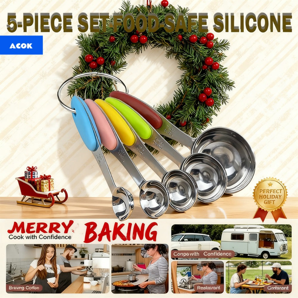 Measuring Cups and Spoons Set 10-Piece Stainless Steel with Silicone Handle, Precise Baking & Cooking Measurement Tools