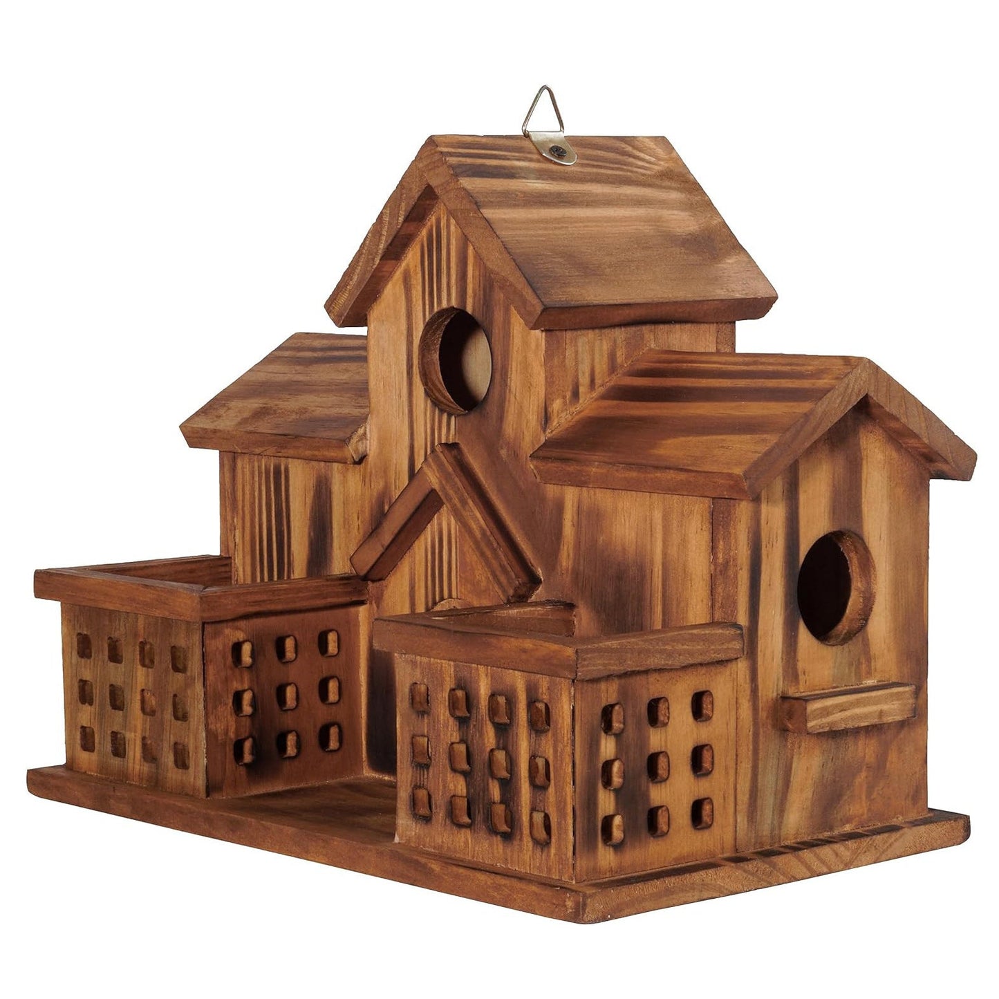 Three-Opening Wooden Birdhouse with Raised Center Roof, Twin Perched Side Trays and Hanging Loop