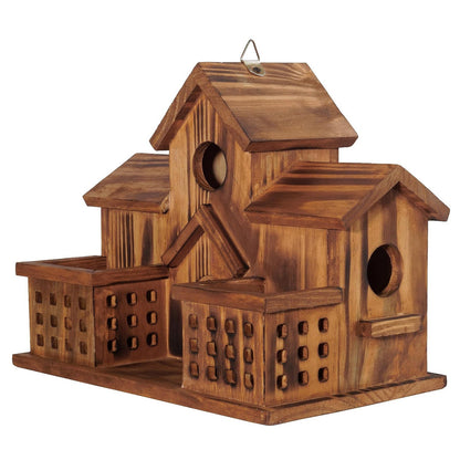 Three-Opening Wooden Birdhouse with Raised Center Roof, Twin Perched Side Trays and Hanging Loop