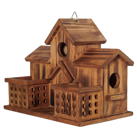 Hummingbird House Outdoor Large Birdhouse with Feeder, 3-Hole Natural Handmade Wood Bird House for Bluebird, Backyard Garden Decor, Living & Feeding Two-in-One
