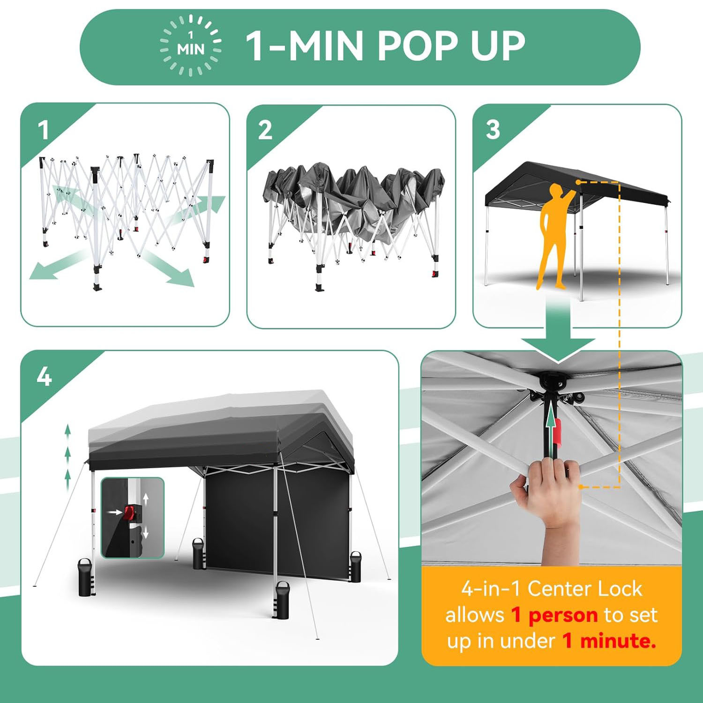 Center-Lock 10x10ft Pop-Up Canopy Tent with Three Height Settings and Optional Three-Sidewall Packages