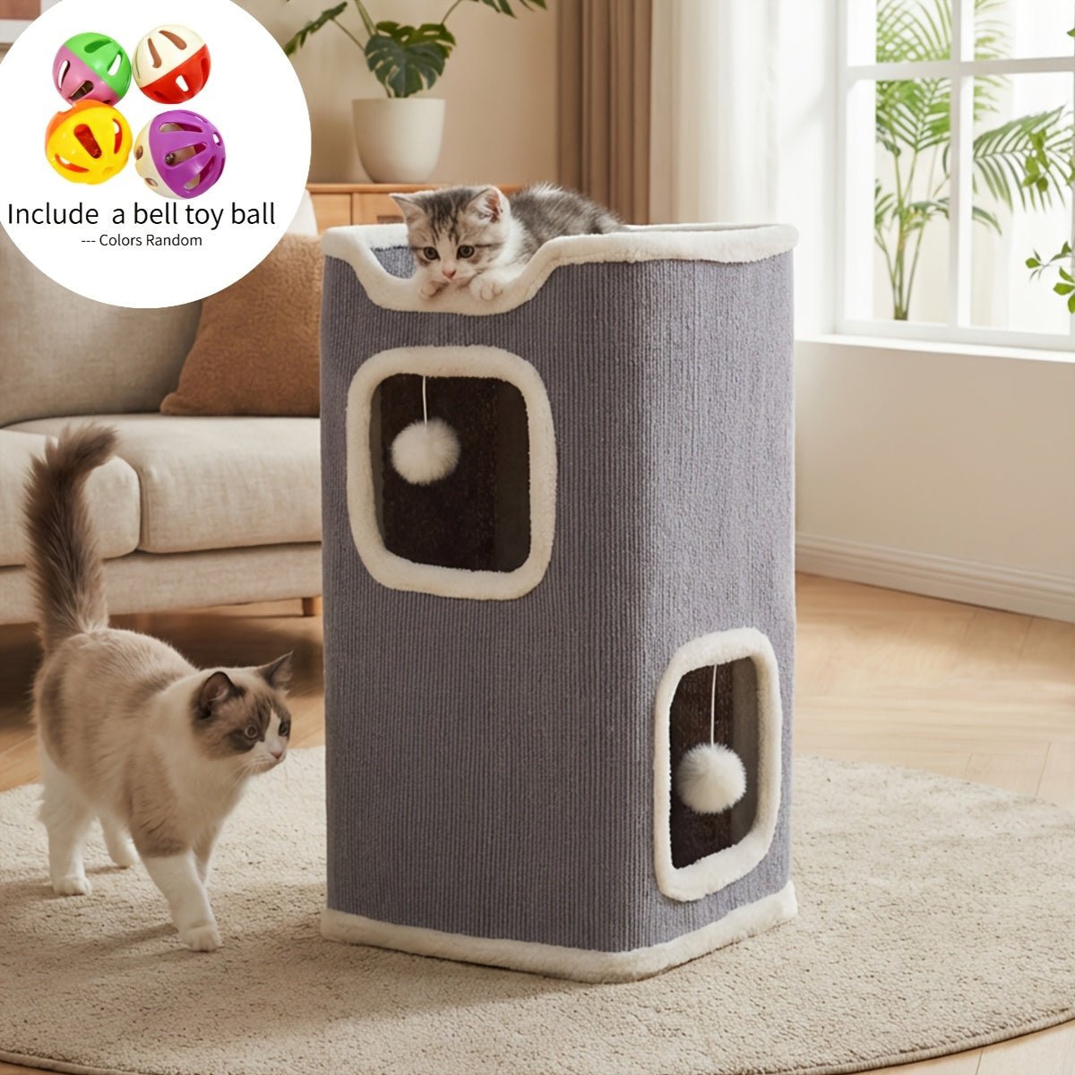 Cat Tree Tower Multi-Level Foldable - Indoor Cat House with Scratch Resistant Post, Soft Top Cat Bed, Cat Hideaway & Bell Ball Toy, 1 2 3 Layer Cat Climbing Tower for Kittens & Adult Cats, Gray