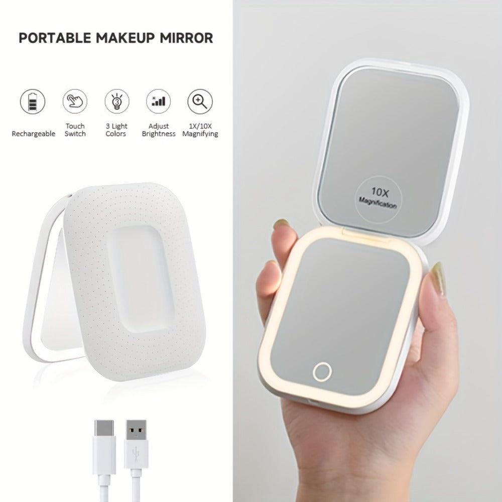 USB-Rechargeable LED Compact Mirror with 1X and 10X Sides, Three Light Colors and Pink or White Cases