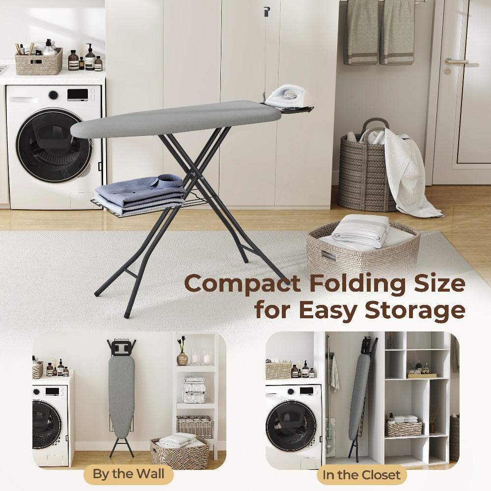 Ironing Board Full Size Foldable Height Adjustable with Clothes Rack Cord Holder 4-Layer Pad Heavy Duty Steel Legs for Laundry Room Living Room Dorm